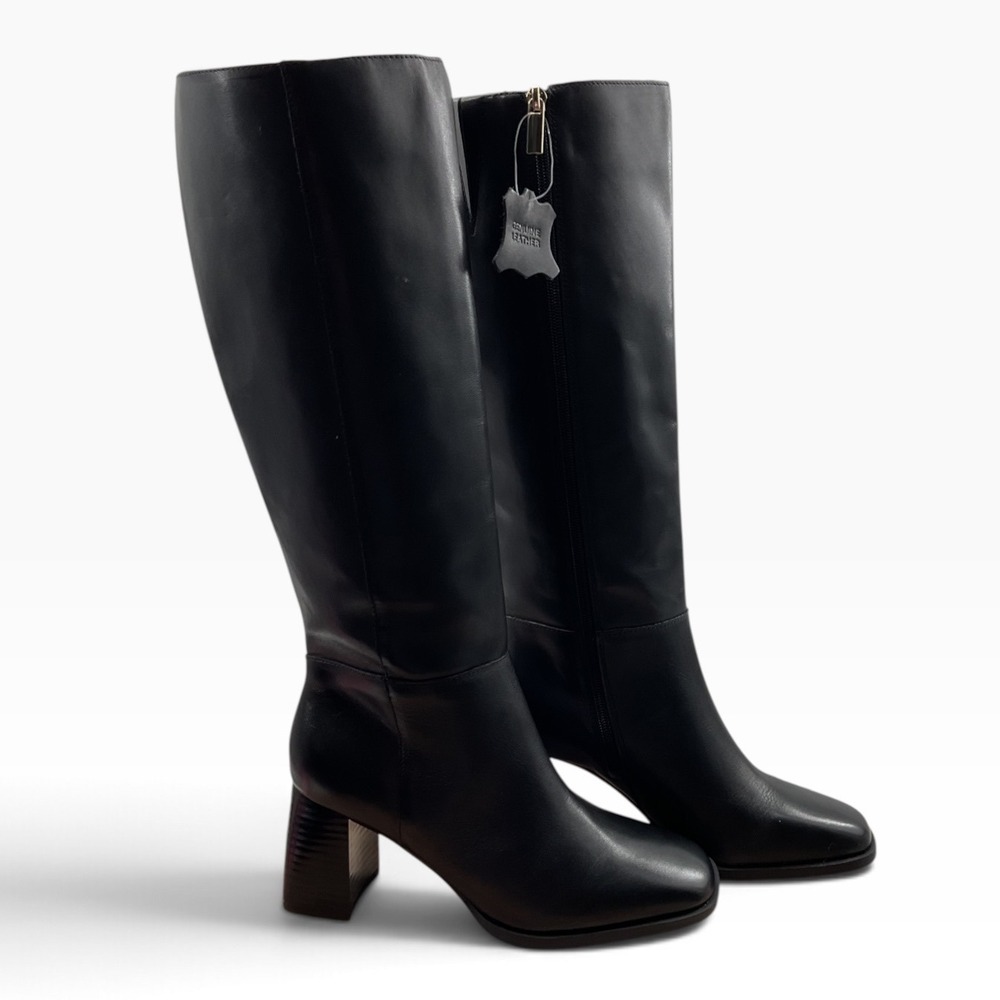 INC Elani Black Leather Square Toe Knee High Block Heel Boots 8M